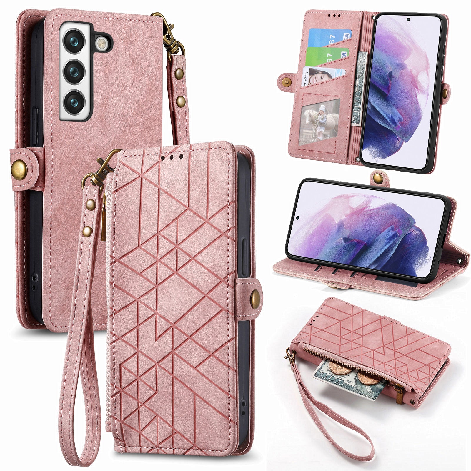 For Samsung Galaxy S22 5G Zipper Pocket Leather Case Geometry Imprinted Wallet Stand Phone Cover For Samsung Galaxy S22 5G Zipper Pocket Leather Case Geometry Imprinted Wallet Stand Phone Cover